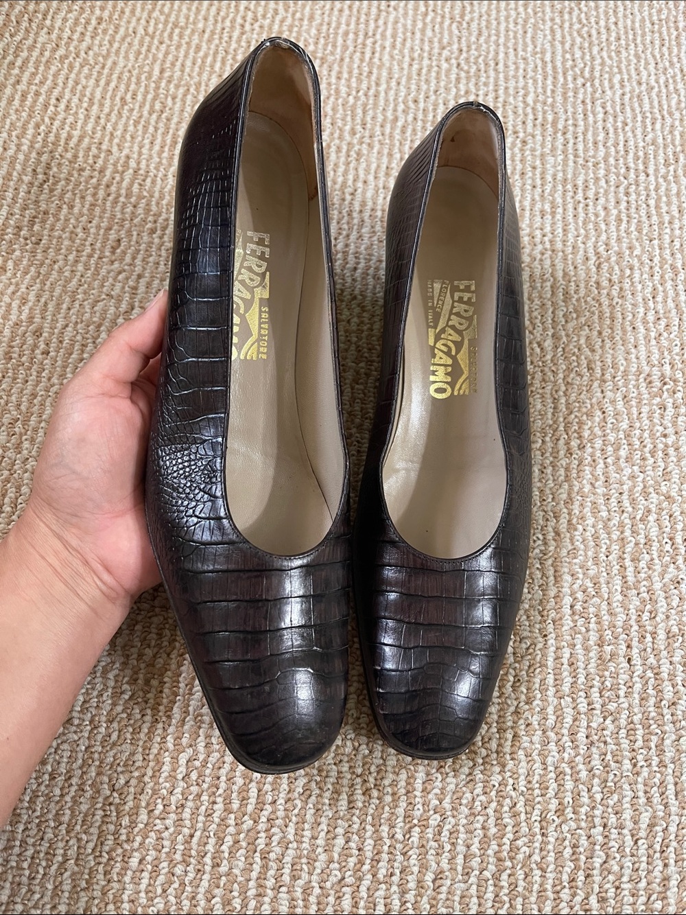Salvatore Ferragamo Dark Brown Croc-Embossed Leather Pumps